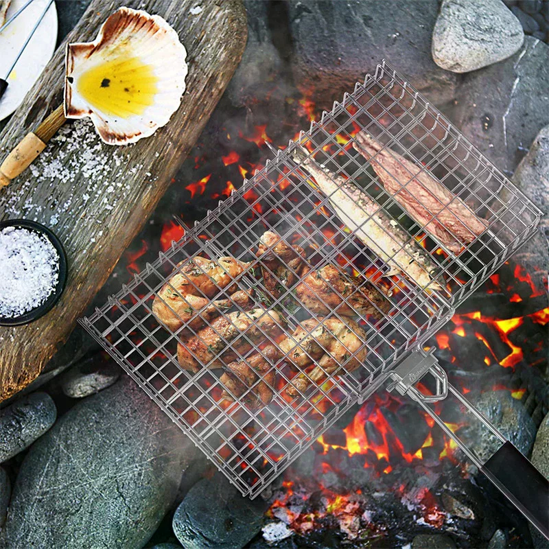 Grill Basket Folding Portable Stainless Steel BBQ Grill Basket With Handle For Fish Vegetables Shrimp Cooking Accessories