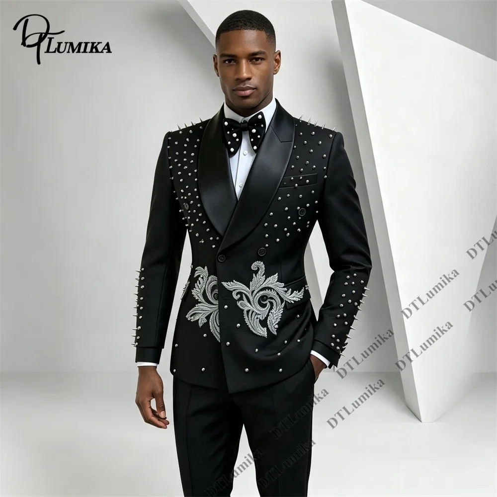 DTLumika 2026 New Men's 2 Piece Formal Tuxedo with Silver Rhinestones Jacket Pants Set Party Prom Gala Dinner Suits Big Tall