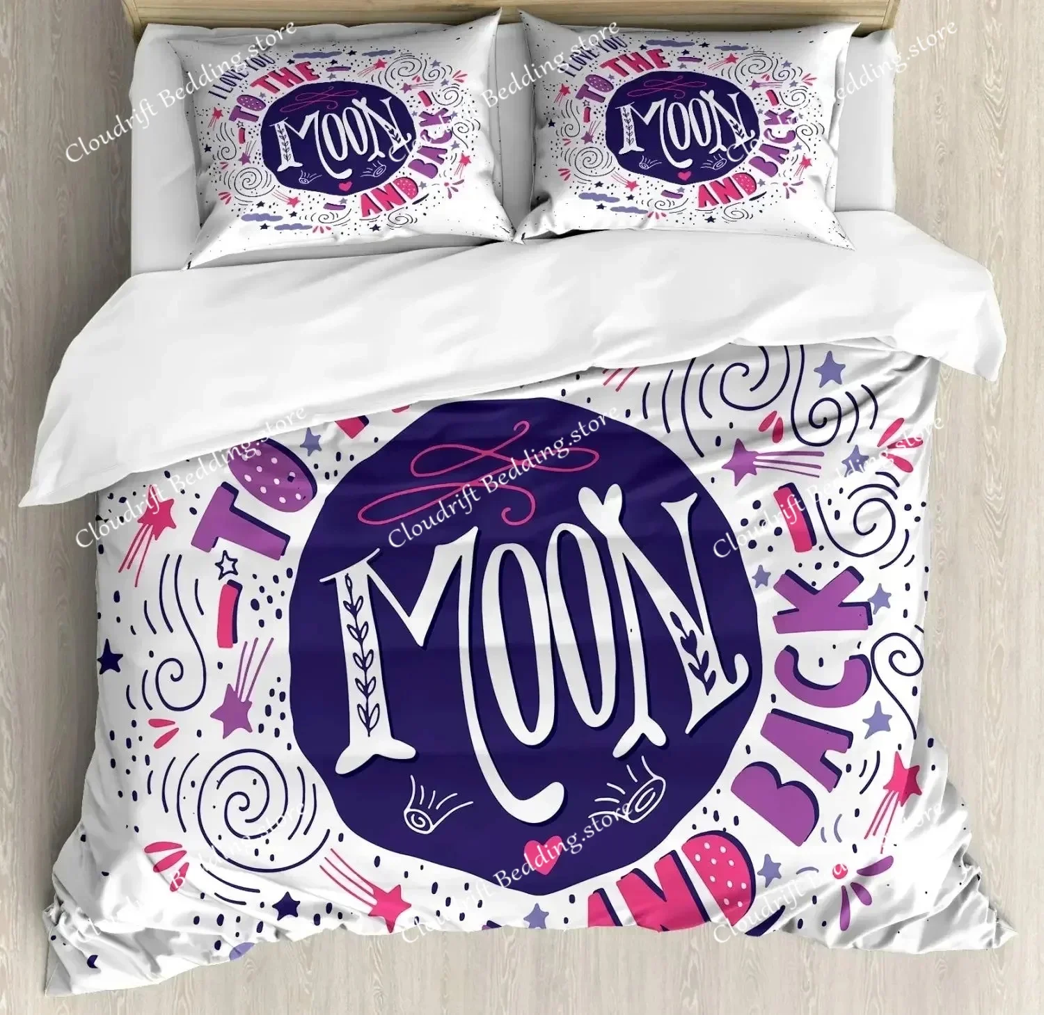 3D Print I Love You Duvet Cover Hand Drawn Moon and Back Words with Stars Celebration King Size Polyester Bedding Set