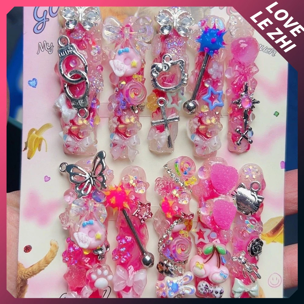 

10Pcs Y2K Cartoon Bear Heavy Industry Handmade Removable Fake Nail 3D Metal Handcuffs Butterfly Long Square Xl Full Fake Nail