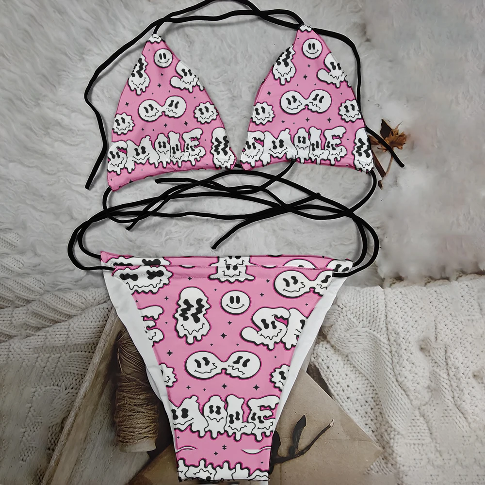 Hot sale skull print bikini set pink blue purple swimsuit two-piece sexy lace-up swimsuit mid-waist chest pad detachable