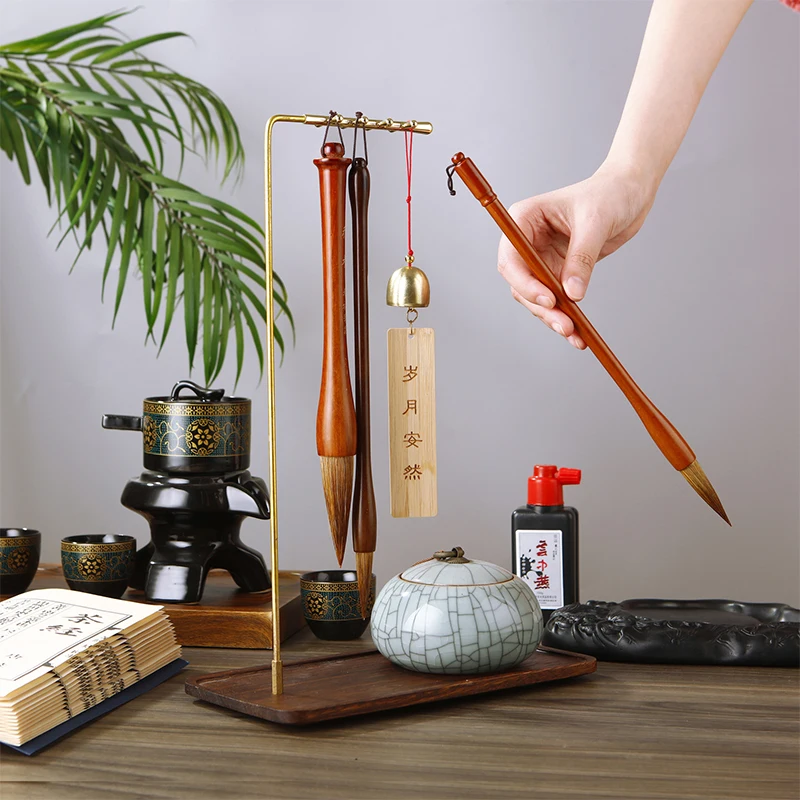 Brass Chinese Brush Pen Holder with Sour Branch Wood Base Calligraphy Rest Ink Hanger 10 Needles Writing Brush Holder