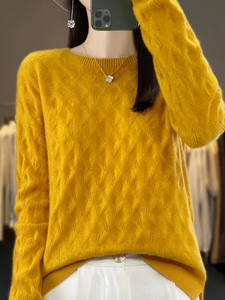 

New Spring Autumn O-Neck Leaves Hollow Out Pullover 100% Merino Wool Sweater For Women Long Sleeve Soft Simple Style Casual Tops