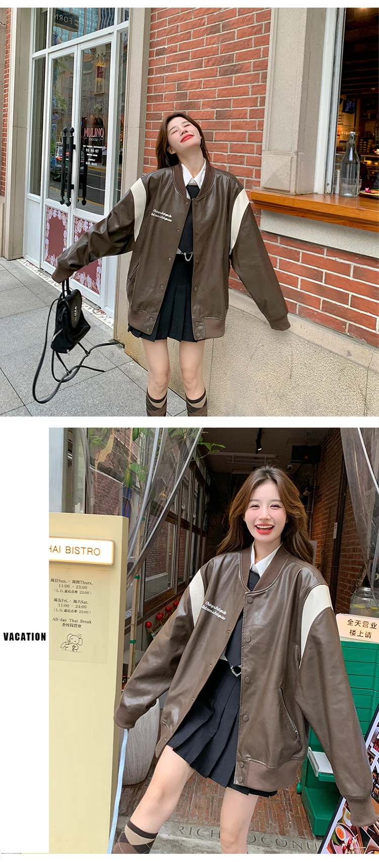 Baseballjacken Leder Damenmode Ärmel Softshell-Taschen Retro Langarm Kpop Life Fishbone Prints Beflockung Fleeced