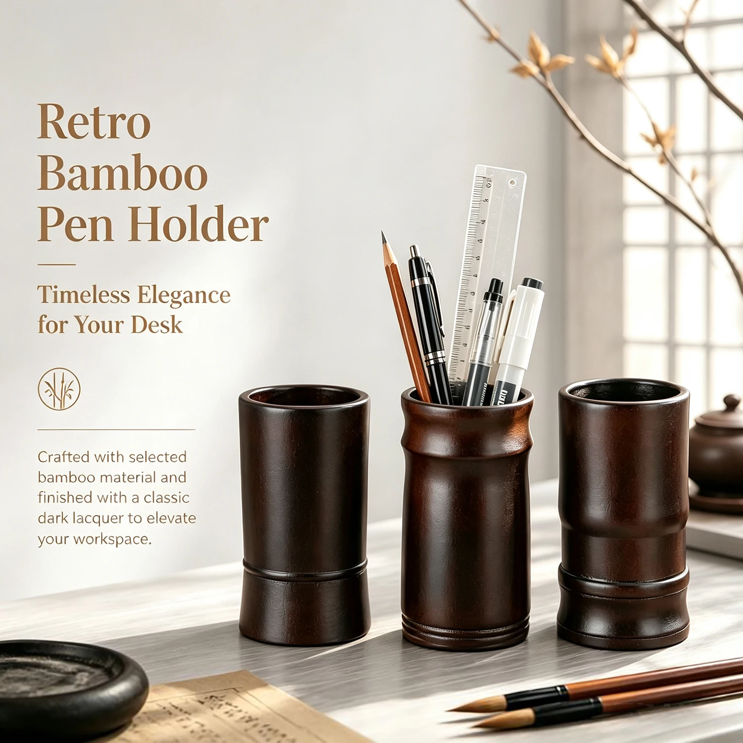 Bamboo Pen Holder Retro Desktop Pencil Cup 3‑Style Hand‑Crafted Desk Organizer for Office Home Calligraphy Stationery