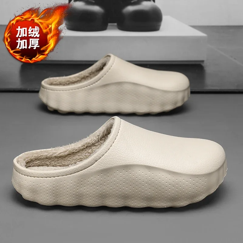 MenWarmFleece Lined Slippers Waterproof EVA Non-slip Chef Work Clogs Winter Thick Sole Anti-oil Kitchen Shoes for Indoor Outdoor