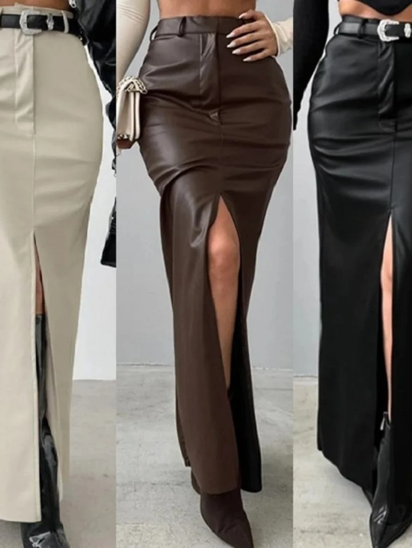 

High Waist PU Leather Skirts Ladies Solid Slim Maxi Long Skirts