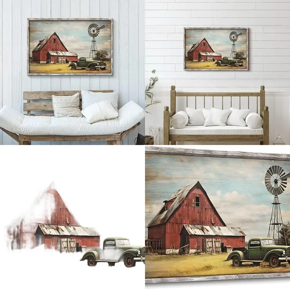 

Rustic Red Barn Wall Art: Vintage Farmhouse Wood Print with Windmill, Country Scenery for Home Decor