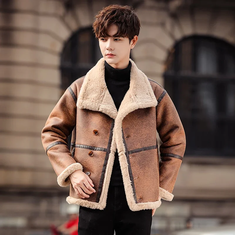 Fur Liner Jacket Men Winter Streetwear Retro Fashion Casual Warm Thicken Faux Fur Leather Motorcycle Jacket Man Coat Outerwear