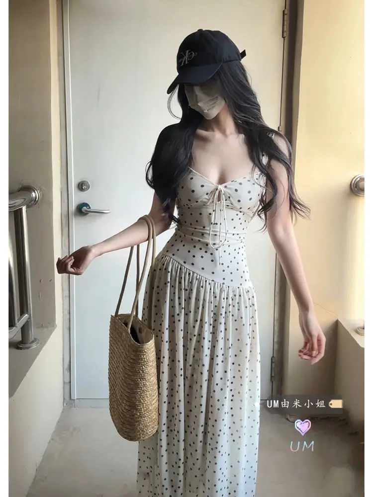 

Pure Sexy Polka Dot Strap Dress for Women's Summer Hot Girl Hollow Out Irregular Slim Fit Long Dress Fashion Female Clothes
