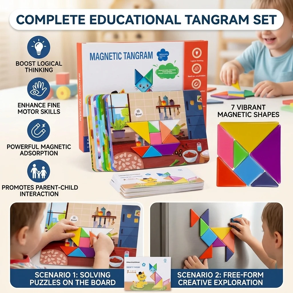 Wooden Jigsaw Magnetic Tangram Puzzle Book Educational Toys For Children Baby Kid Portable Montessori Learning Intelligence