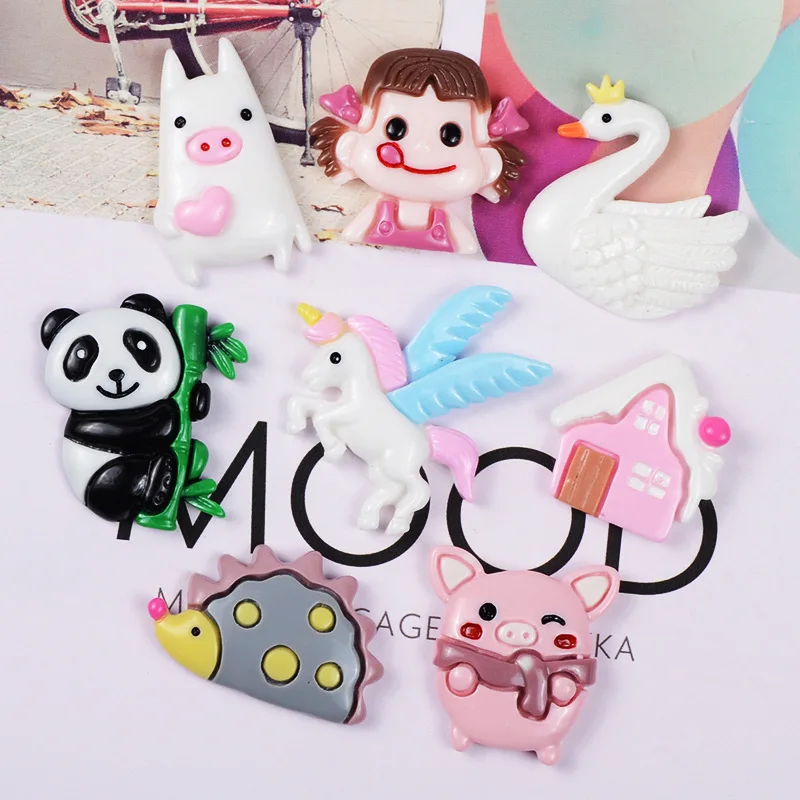 10PCS Kawaii Unicorn Flatback Resin Cabochon Cute Swan Panda Craft For DIY Hair Clip Decoration Supplies Embellishment