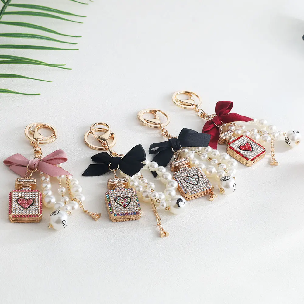 Perfume Bottle Bowknot Alloy Key Chain Pendant Bag Pearl Pendant Creative Gift, Valentine's Day Gift, Jewelry