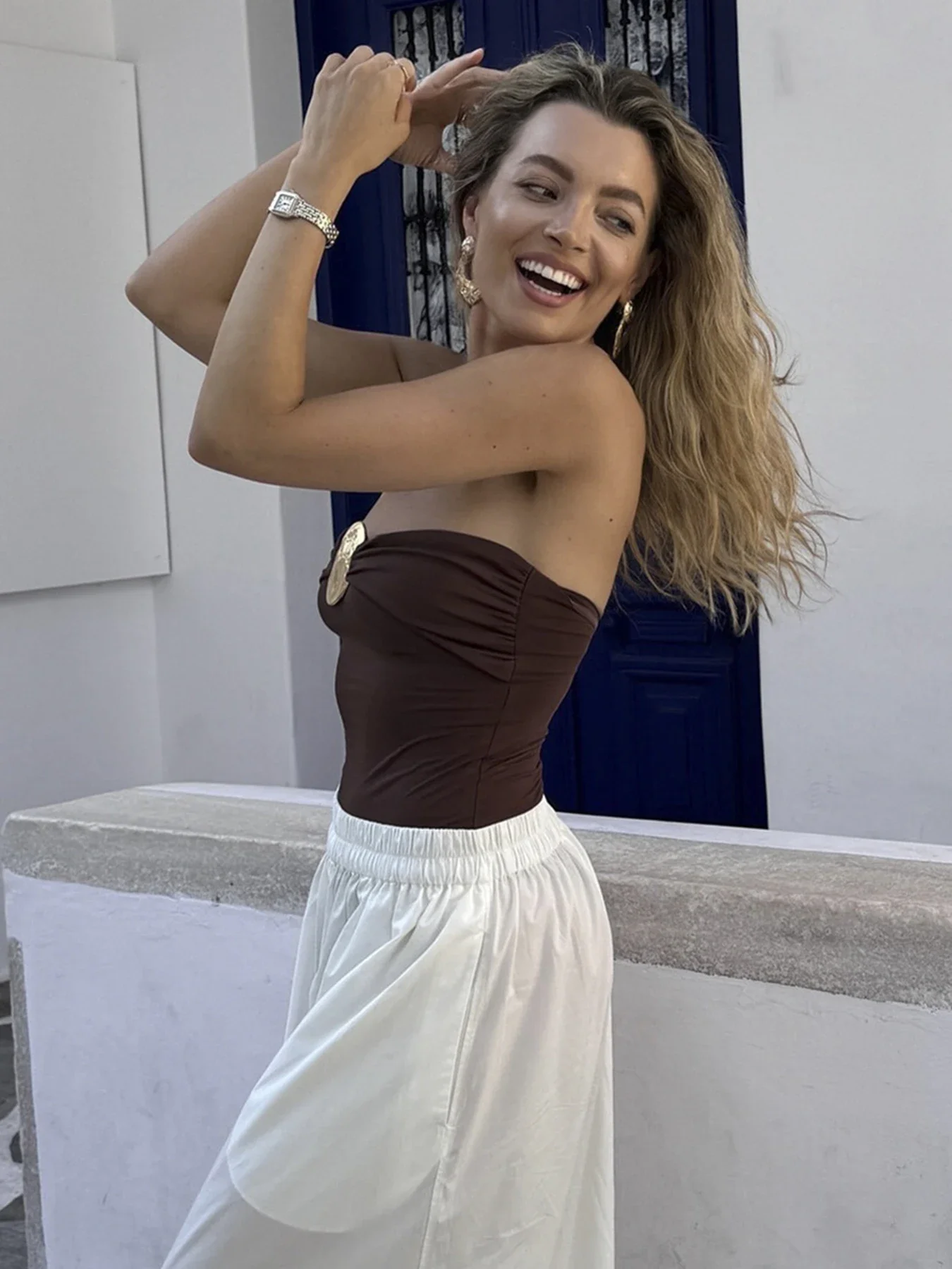 2024 New Sexy Metal Accessories One Piece Swimsuit For Women Bodysuit Swimwear Female Push Up Monokini Solid Bathing Suits Beach