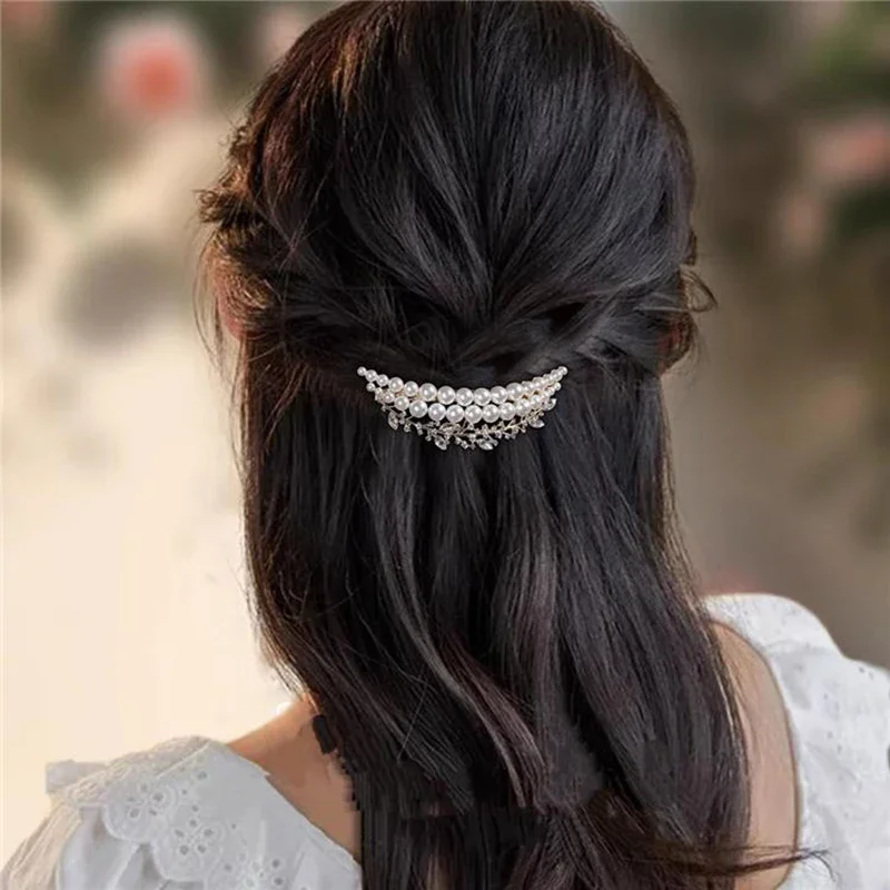 Französischer Stil, Perlenkristall, Halbmond-Federklammer, Damen-Haarspange für den Hinterkopf, halbgebundene Haarspange, hochwertiger, eleganter Haarschmuck