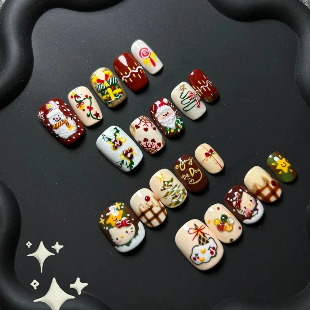 10 Pcs Handmade Press On Nails 2024 Christmas New Luxury Cute Red Coffin Limited Short Fake Nails Design Art DIY Nail with Set