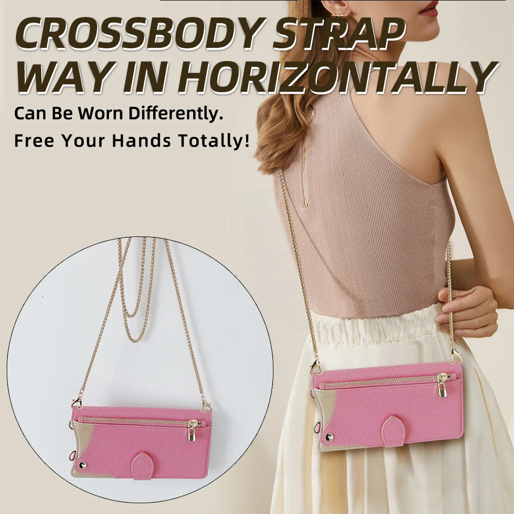 

Zipper Crossbody Wallet Case For Tecno Pop 10 9 8 7 6 Pro Metal Chain Leather 2 Cards Slot Mini Make Up Mirror Flip Cover