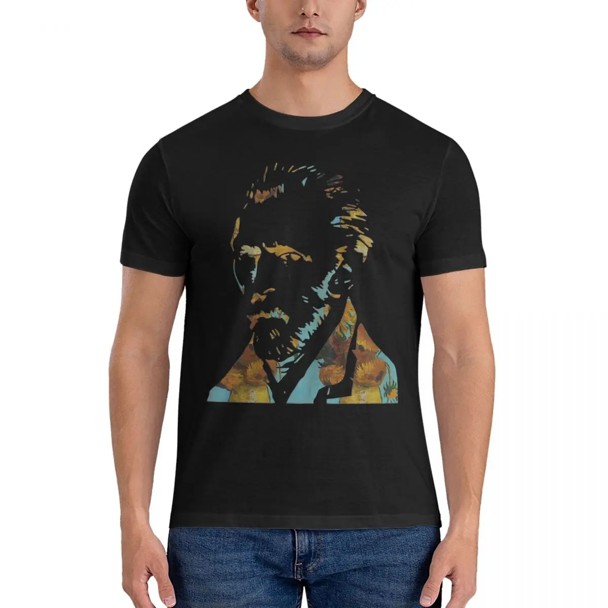 SUNFLOSTENCIL PORTRAIT Men's T Shirts Vincent Van Gogh Fashion Tee Shirt Short Sleeve Crewneck T-Shirts Pure Cotton Unique Tops