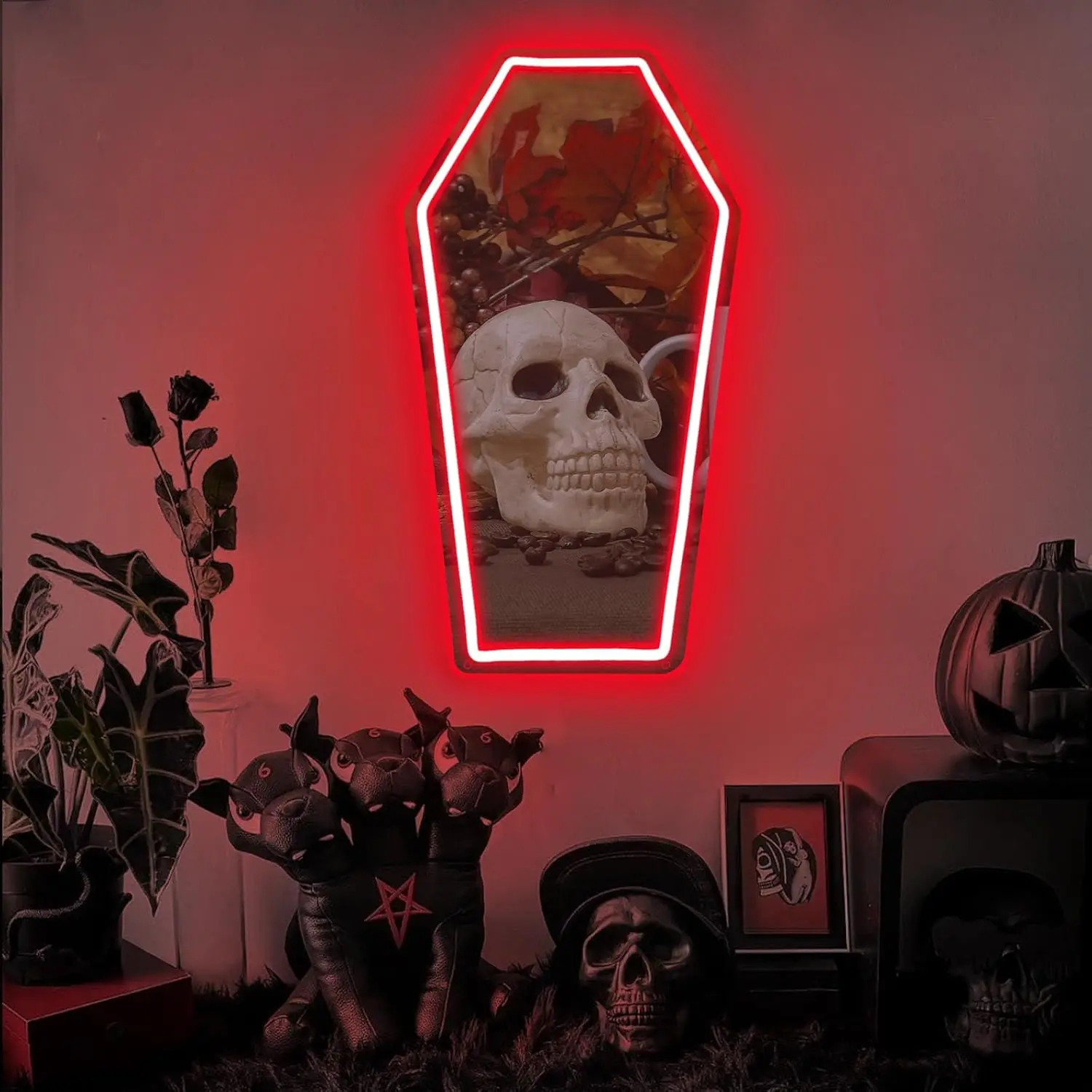 Coffin Mirror Neon Sign USB Dimmable Neon Light for Game Room Man Cave Whimsical Goth Home Decoration Gift Make-up Mirror