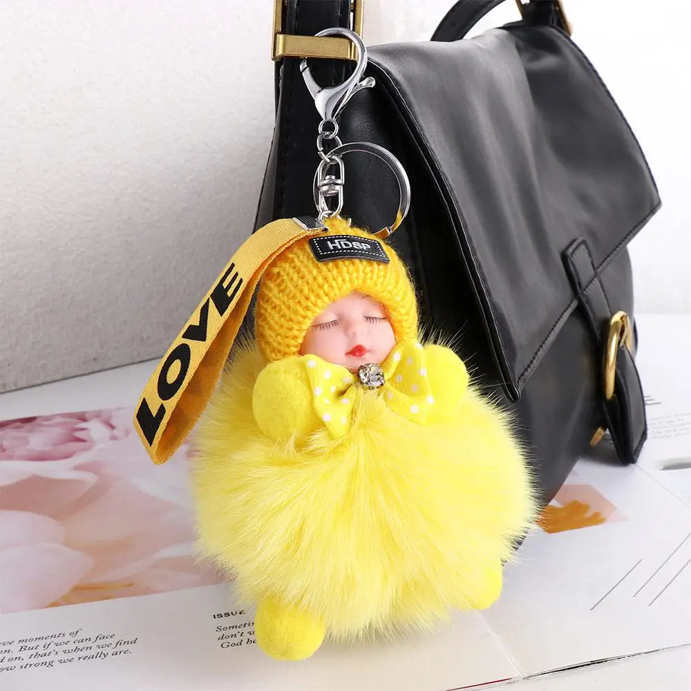 Acessórios carros chaveiro mochila jóias saco de presente pingente pompom chaveiro de pelúcia fofo boneca de pelúcia dormir boneca do bebê