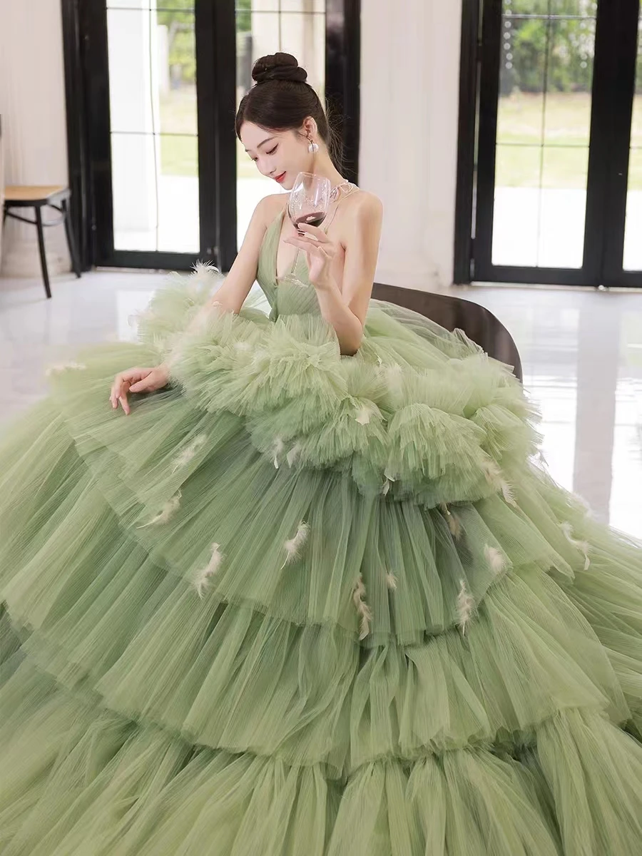 2024 French Sharon Happy Evening Dress Luxury Wedding Dress Princess Lady Backless Green V-neck Hierarchical Gorgeous Ball Gown