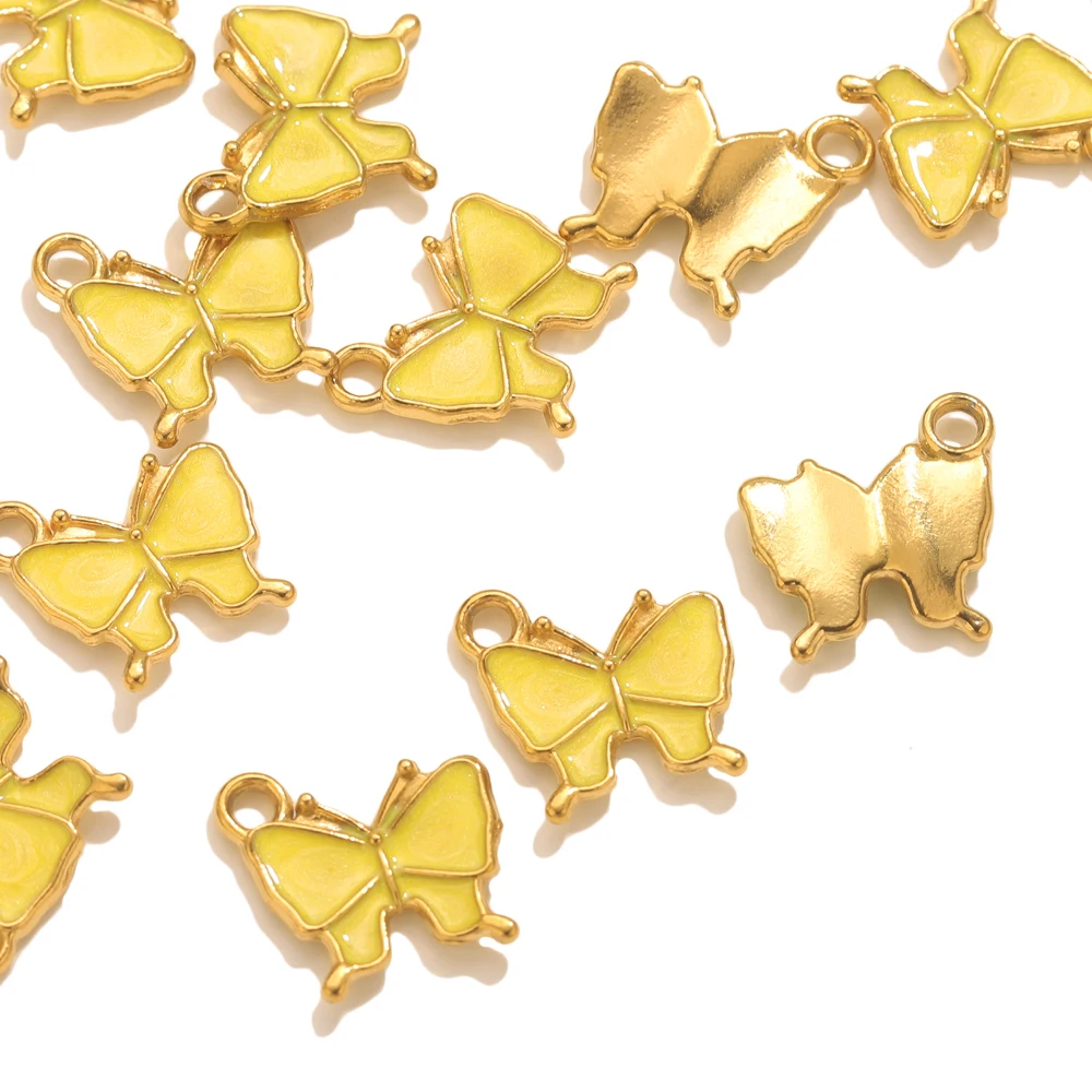 5PCS Stainless Steel Yellow Enamel Butterfly Pendant Lucky Charms Ideal DIY Bracelet Necklace Jewelry Crafting Creations Wholesa