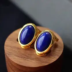 UMQ Natural Lapis Lazuli Earrings Women's Sterling Silver Gold Plated Retro Hong Kong Style Elegant Oval High-Grade Earrings