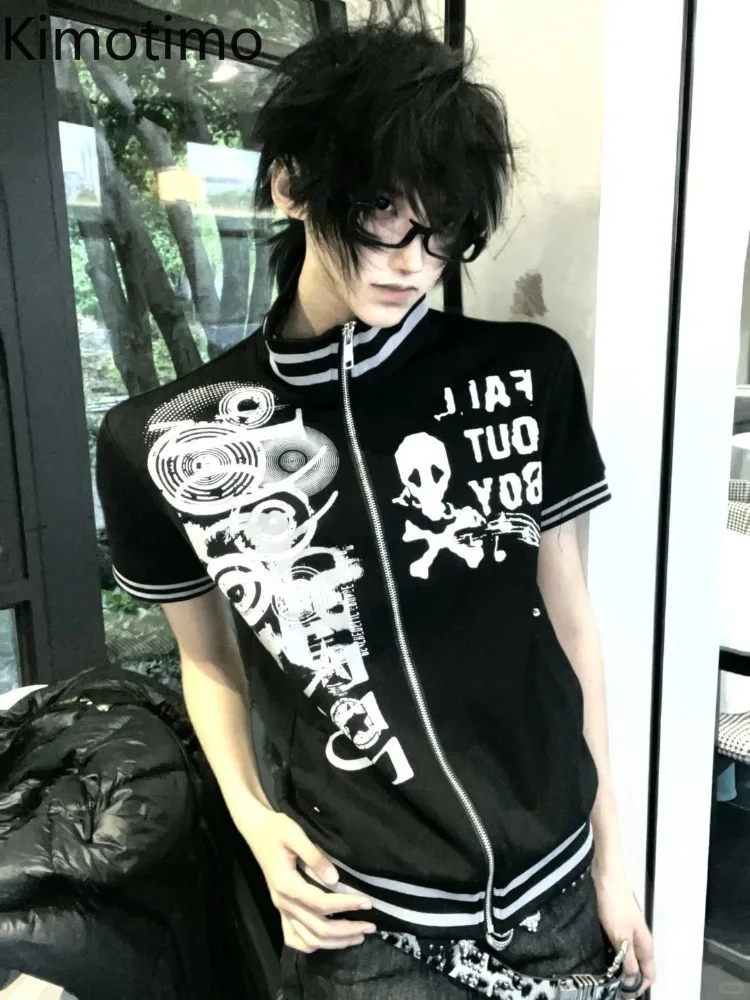 Kimotimo Gothic Street Print Short Sleeve T-shirt Women Summer Y2k Aesthetic Stand Collar Zipper Cardigan Harajuku Vintage Tops