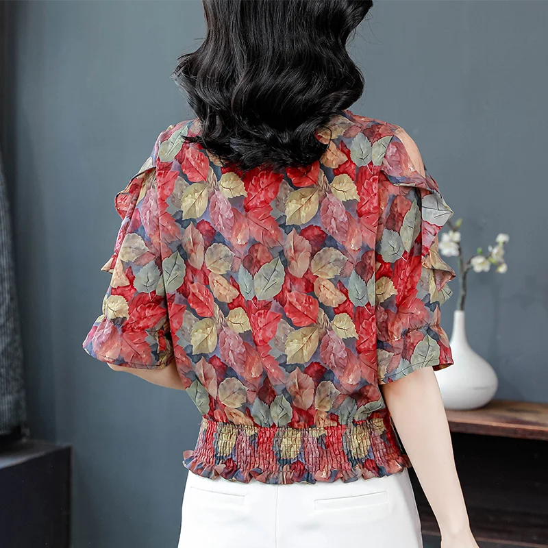 Spring Summer Floral Printed Tops Round Neck Ruffles Casual Tops Women Patchwork Mesh Chiffon Blouse