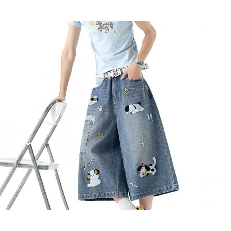 QICHE Unisex Design Denim Capri Shorts Puppy Embroidery Loose Wide Leg Workwear Casual Summer Bottoms