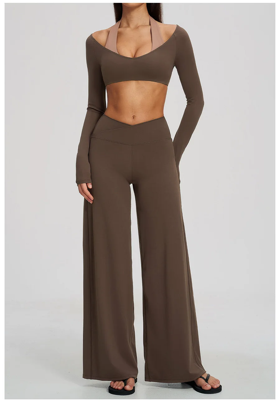 Yoga-Set 2-teilig, Fitnessbekleidung, Trainingsanzug, Lauf-Sportbekleidung, Outfit, hochtailliert, weites Bein, langärmeliges Crop-Top – Detail 11