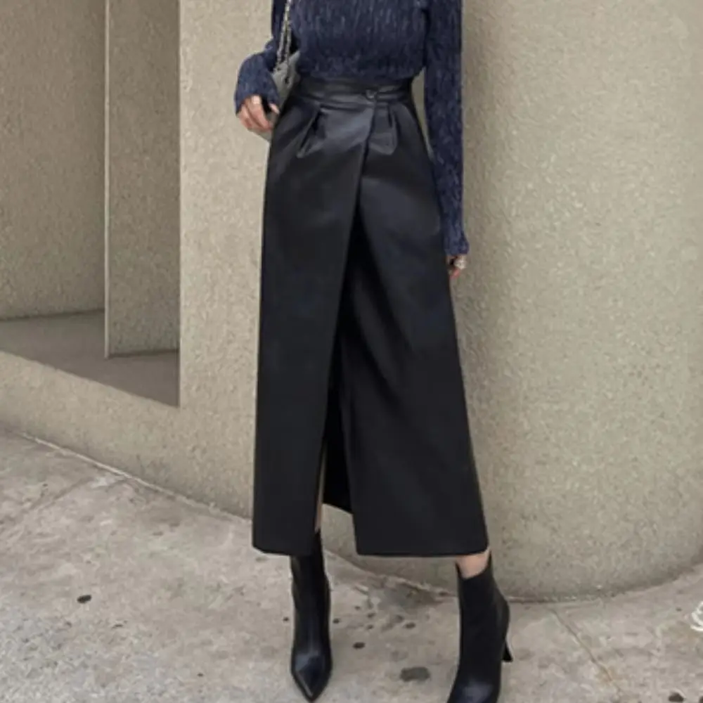 Fashionable High-Waist PU Skirt for Women Spring/Summer New Arrival Long Skirt Asymmetrical Split Design Women's Clothing