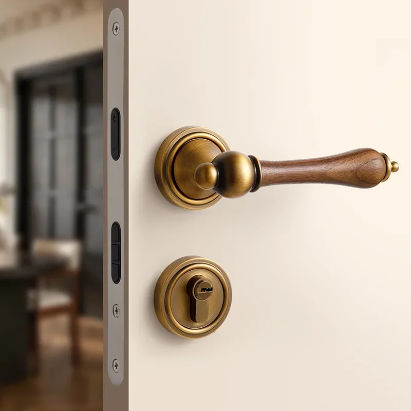 New 35-45MM Medieval Bedroom Lock, Indoor Wooden Door Room Door Lock Bronze Household Magnetic Silent French Retro Door Handle