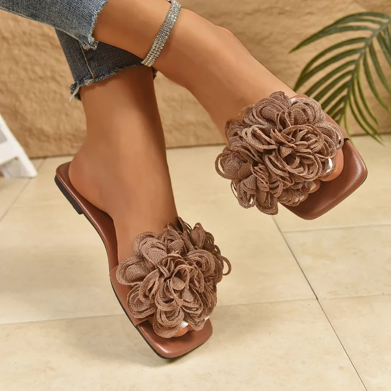 Nuevas Sandalias Planas de Verano para Mujer con Punta Cuadrada, Decoradas con Flores, Elegantes y Cómodas para Caminar o Estar en Casa