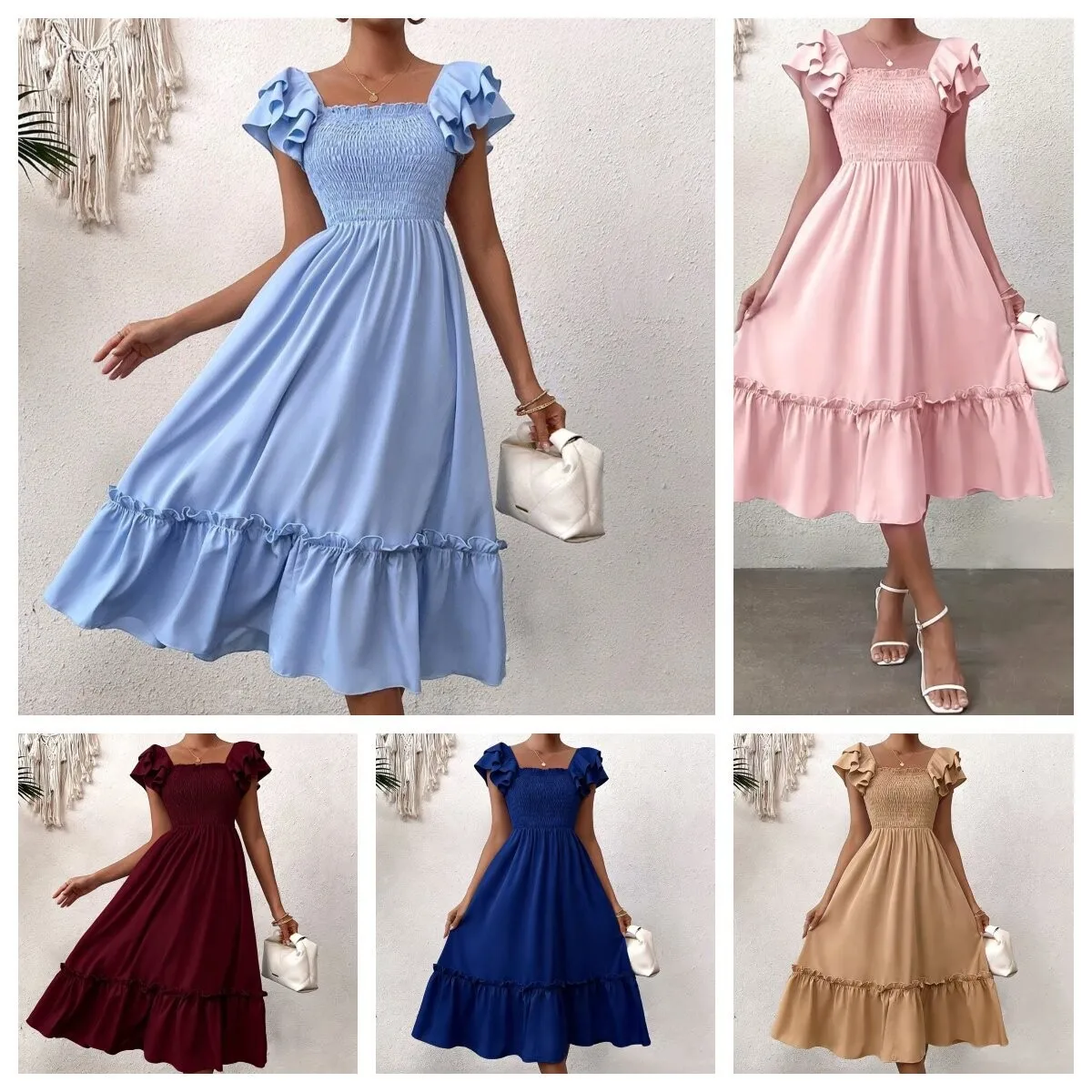Sommerkleid für Damen mit Quadratischem Ausschnitt und Kurzen Ärmeln, A-Linie, Blumenmuster, Maxikleid mit Gerafftem Oberteil, Schulterfreies Pastellblaues Kleid