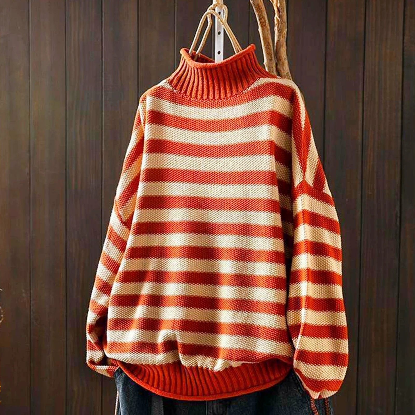 

Retro Striped Turtleneck Sweaters Autumn Winter Women'S Contrast Half Turtleneck Sweater Loose Casual Bottoming Pullover Tops