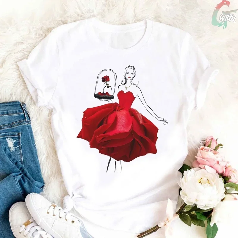 Yellow Fashion Streetwear Women T Shirt Harajuku Rose Girl Bouquet Print T-shirt Summer Sunflower Flowers Loose Casual Women Top