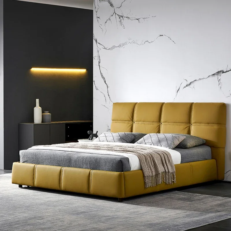 Italian Modern Bedroom Furniture Minimalist Leather Bed Light Luxury Small Apartment Upholstered Bed Frame King Size Bed