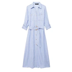 Tangada 2024 Women Blue Striped Print Dress With Belt Female Long Sleeve Shirt Dress 3H0453