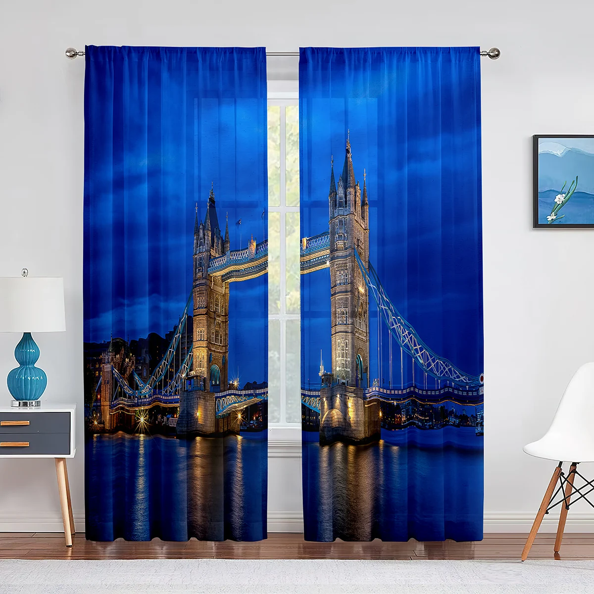 

London Tower Bridge Night View River Tulle Curtains for Living Room Bedroom Kitchen Window Chiffon Sheer Voile Curtain Blinds