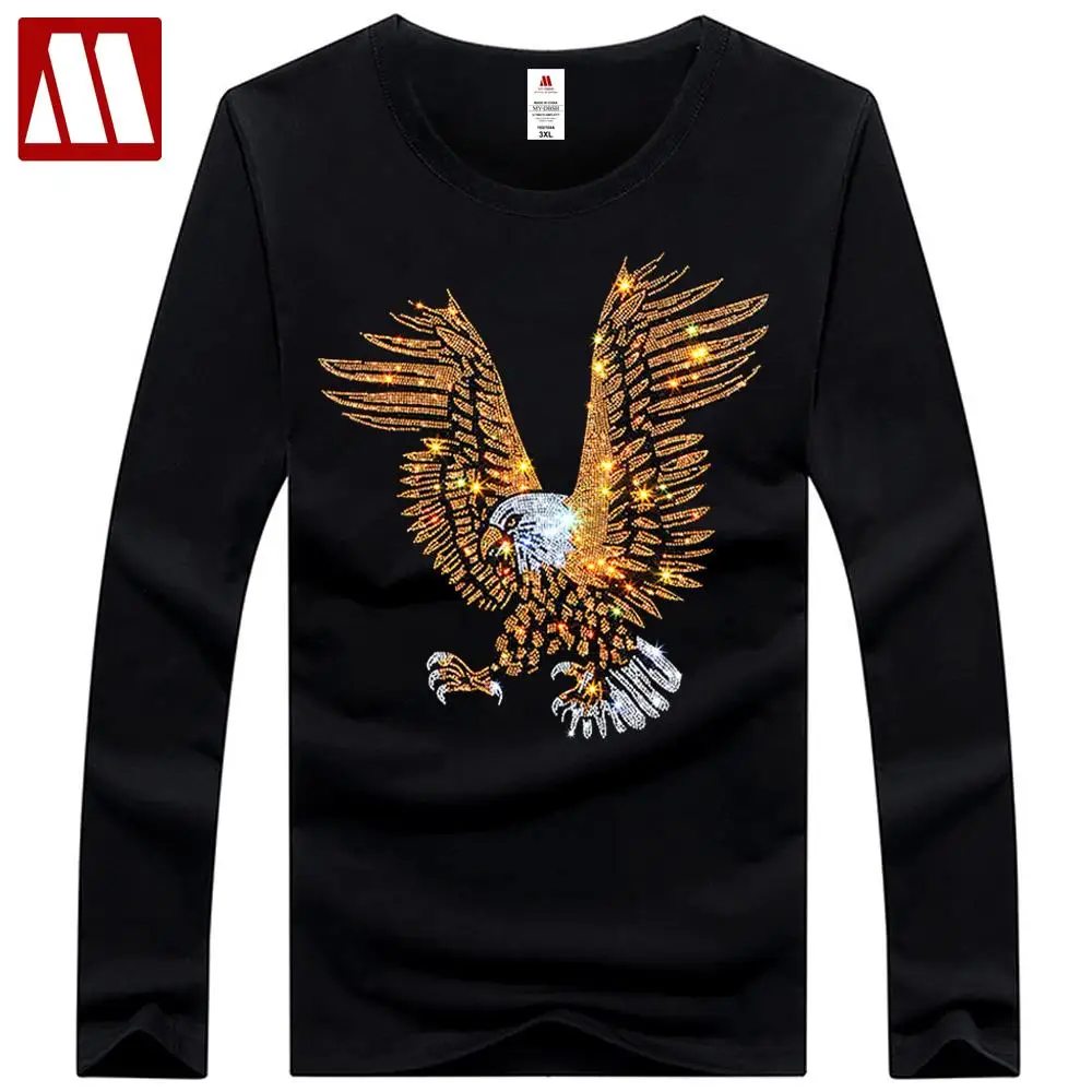 England Style Fancy Tshirt Man Diamond Print Long Sleeve T-shirt Men\'s Fashion Summer Rhinestone Eagle Design Bottom T Shirts