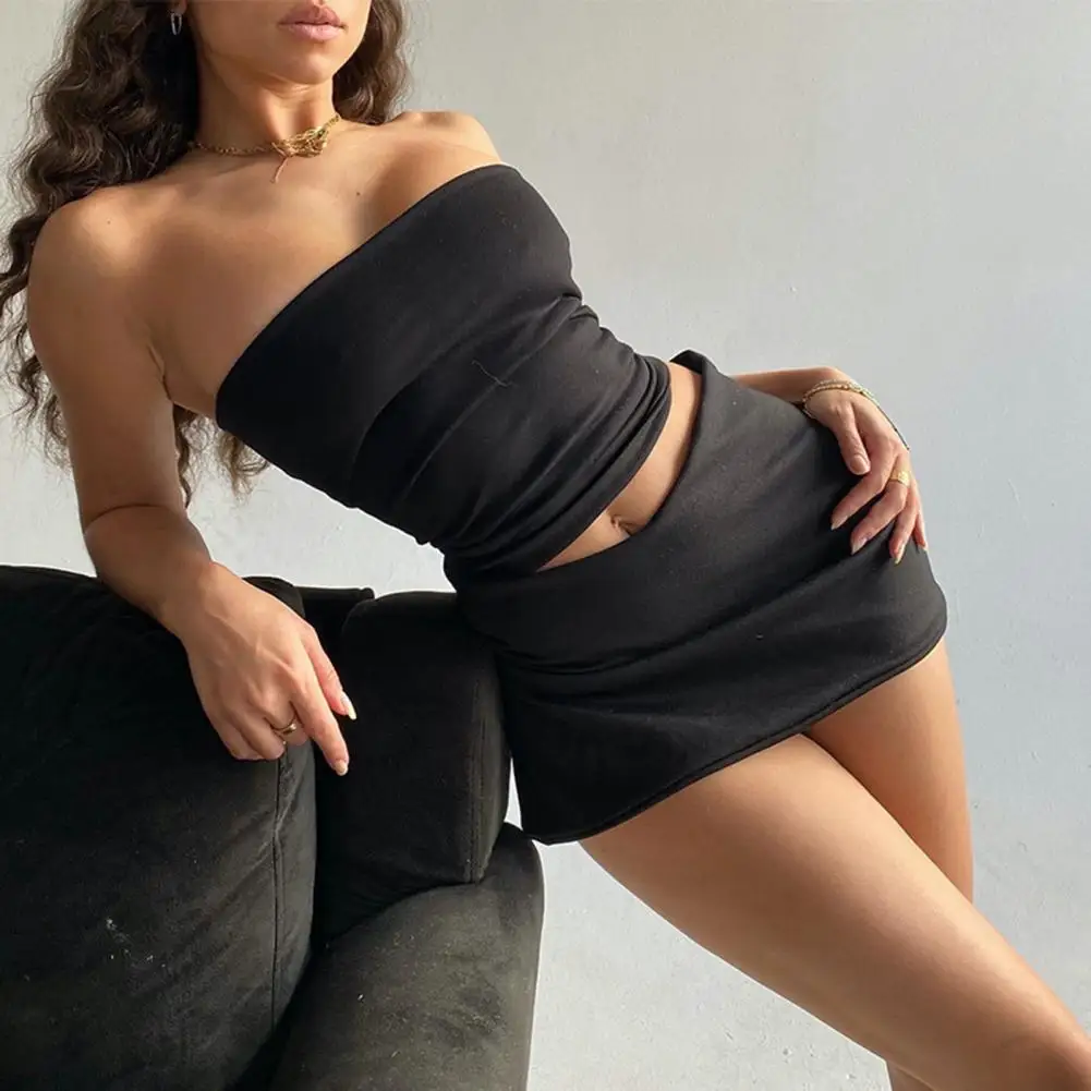 

2026 Women Spring Tube Tops Mini Skirts Two Piece Matching Sets Vacation Outfits Strapless Bandeau Tube Crop Top Mini Skirt Set