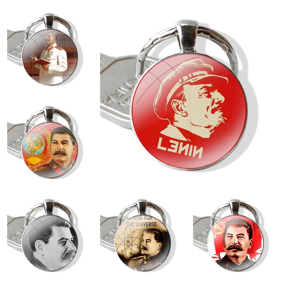 Russian Commander Stalin Keychain Handmade Glass Cabochon Key Ring Holder Pendant Key Chains