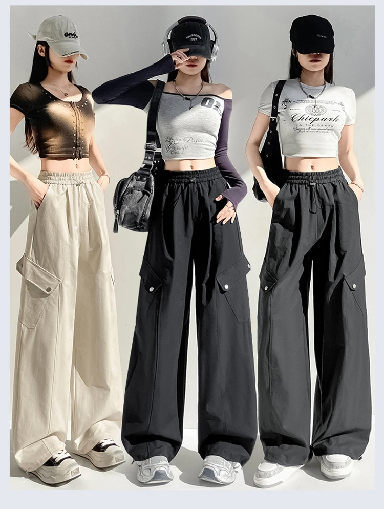 

American style cargo pants women's summer thin 2026 new style ankle binding hiking sports loose dragging wide leg pants