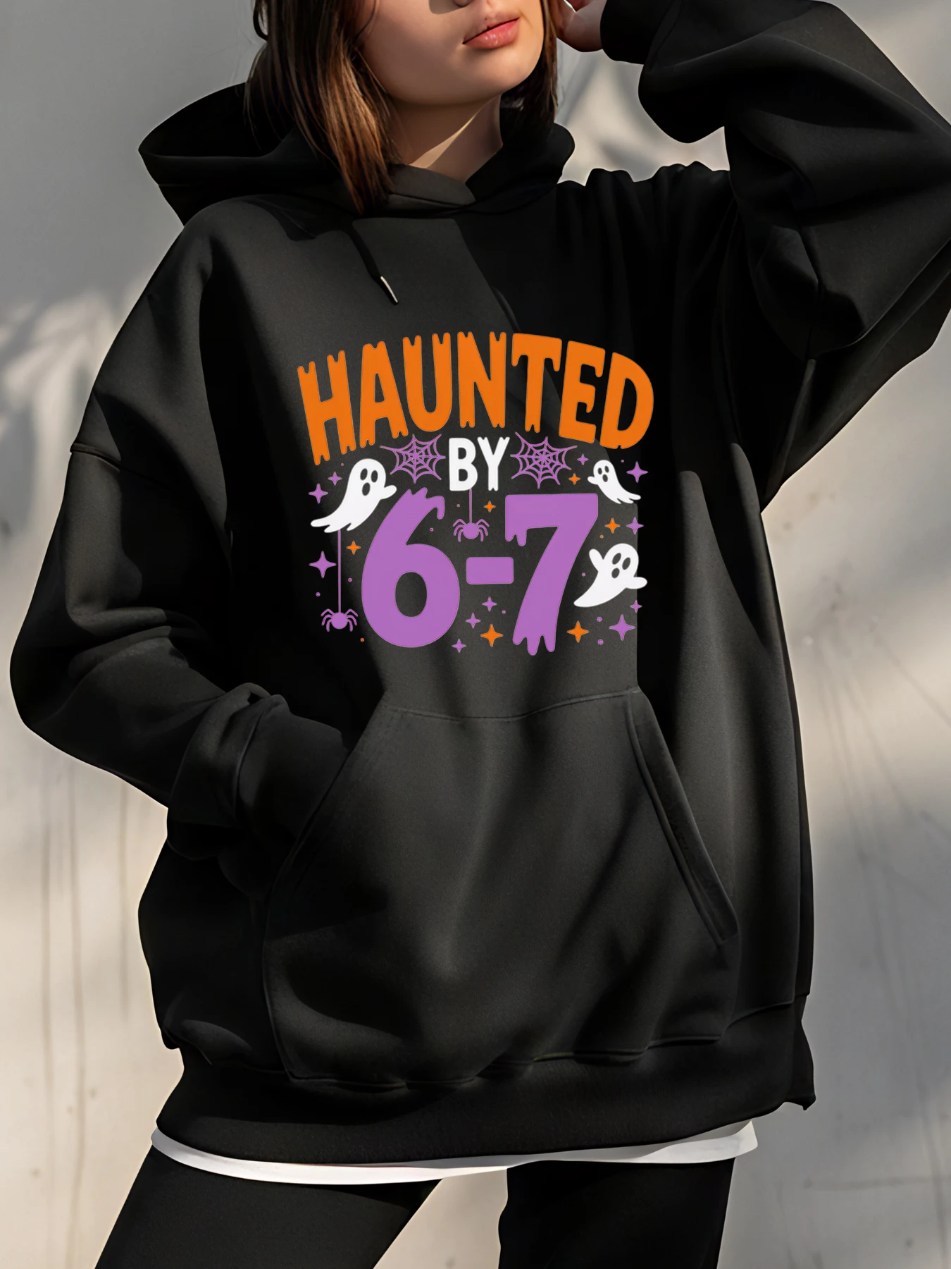 Haunted by 6-7 Halloween Bedruckter Kapuzenpullover Damen Casual Sweatshirt Herbst Winter Mode Plus Size Pullover Oberbekleidung