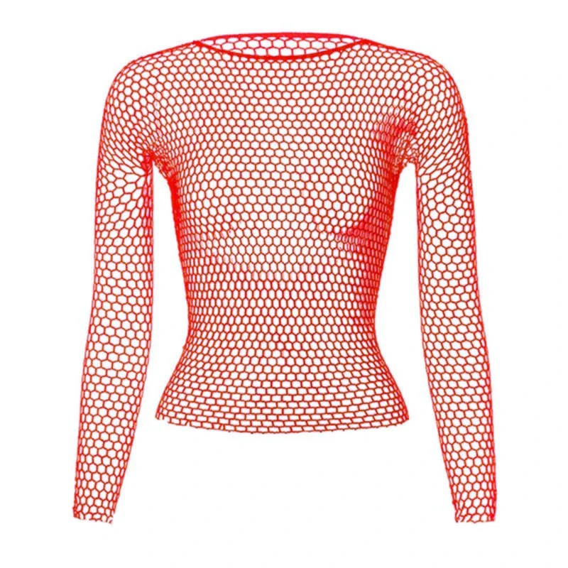 Sexy Fishnet Mesh See Through T-Shirt Women Skinny Goth Hollow Out Long Sleeve Shirts Crop Top Tee Shirt Streetwear