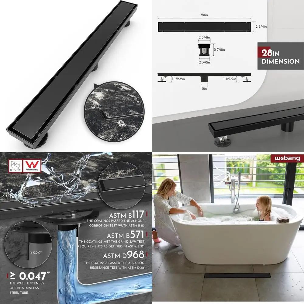 

28 Rectangular Shower Drain with Reversible Matte Black Cover, Tile Insert & Grate, SUS304 Stainless Steel, CUPC Certified