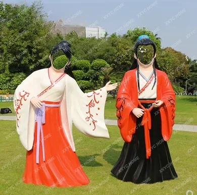 Hanfu Open Face Grp Sculpture Park Scenic Spot Empty Face Photo Punch-in Drainage Big Decorations