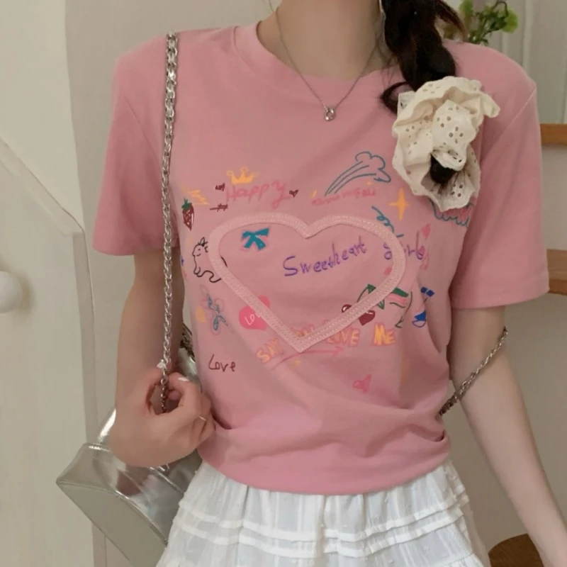 2024 Summer New Short-sleeved T-shirt Women Korean Graffiti Embroidery Versatile Y2k Tops Sweet Casual Tees Female