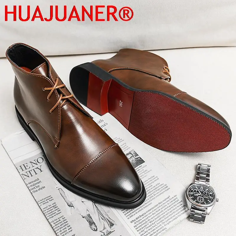 Red Sole Men Short Boots Brown Black Lace-up Square Toe Business Handmade Vintage Boots Free Shipping Men Ankle Boots view 4
